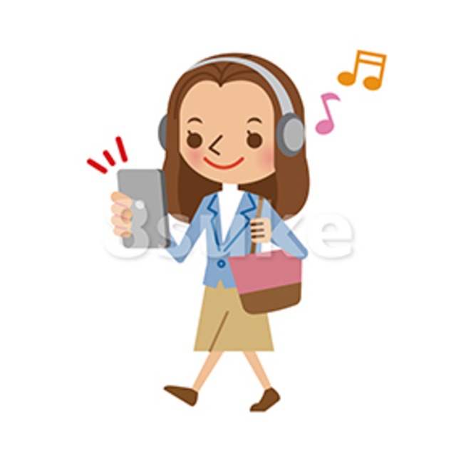 イラスト素材：スマートフォンで音楽を聴きながら歩く若い女性（ベクター・JPG）