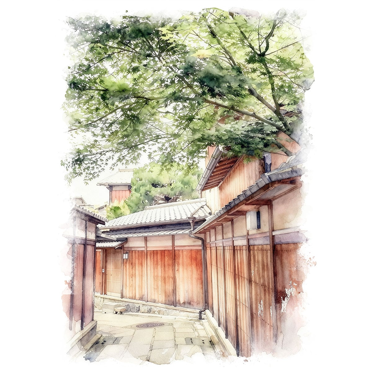 絵画(風景画) 日本 京都府 石塀小路 インテリアアート額付き 水彩画・油絵調 WAT1182