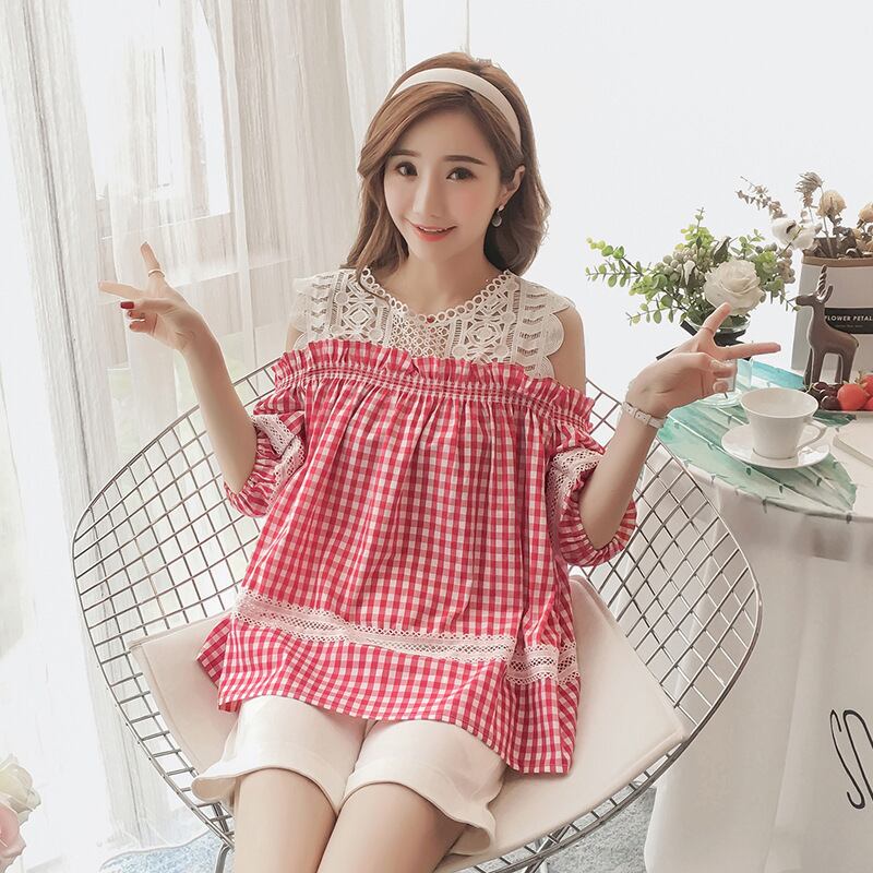 【新作】【送料無料】 新しいファッションチェック柄レースストラップレスルーズラージサイズマタニティトップのマタニティウェア2019夏バージョン-アリババ 大きめサイズ サマー 夏物 expec256455360173