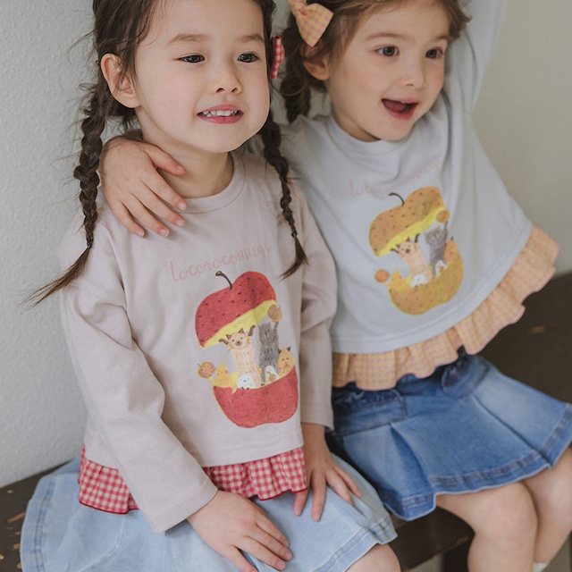 SALEリンゴ柄チェック裾長袖Ｔシャツ