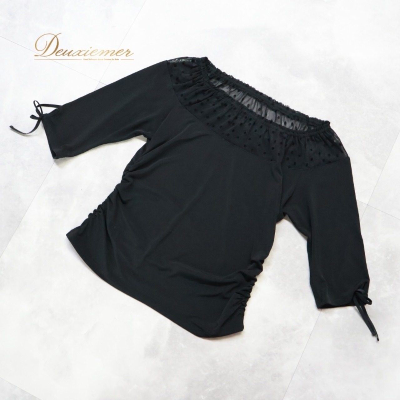 社交ダンス 衣装 トップス ブラウス ブラック系 チャコット Chacott 黒 日本製 水玉 ドット柄 リボン 透け感 伸縮 ストレッチ 練習 レッスン 上品 シンプル かわいい ダンス衣装 イベント ステージ パーティー