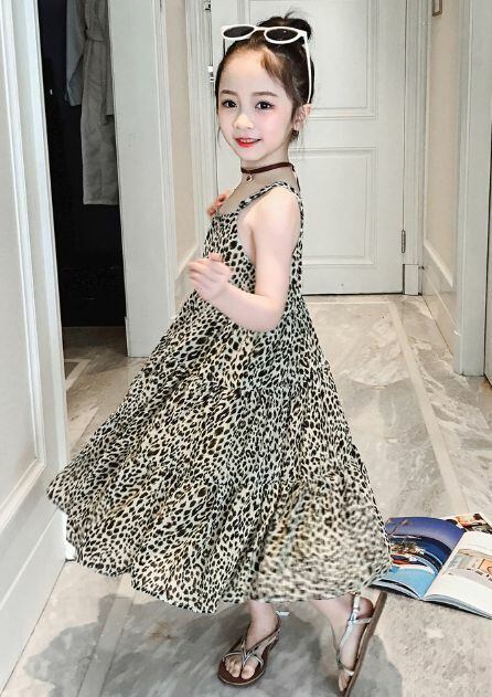 110 160cm レオパード柄 キャミ ワンピ ス ロング丈 フレア マキシ丈 ワンピ アニマル 柄 ヒョウ柄 総柄 19s S 夏服 リゾート 韓国 子供服 女の子 ガールズ キッズ 親子 おそろい P197 A Dear Child