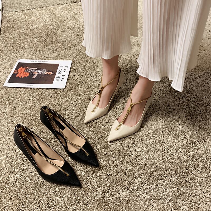 ヒールの女性2020春と夏の新しい野生のファッションネット赤いフレンチジッパーファインヒール尖ったセクシーな靴 部族の婦人靴7642734