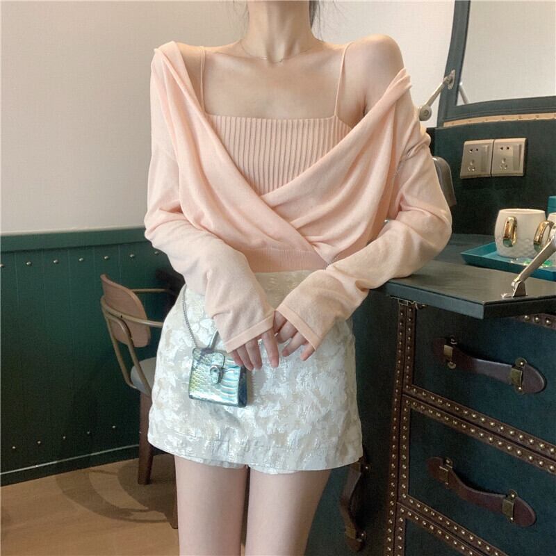 センスクロスVネックピンク長袖ニットセータートップレディース2020秋新作アウタースモールカーディガンジャケット ブラックストロベリース60880339943