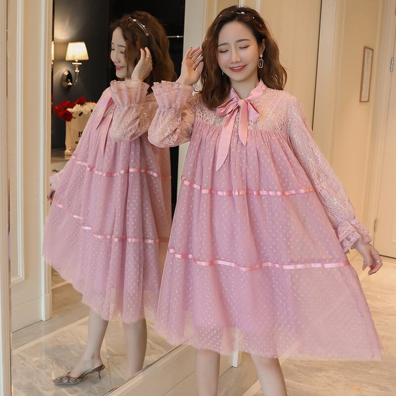 【新作】【送料無料】 新しい注文の蝶ネクタイのマタニティドレス2019初春バージョンは、ドレーンステッチのルーズマタニティドレスを導きました-アリババ リボン スプリング 春物 expec253380335816