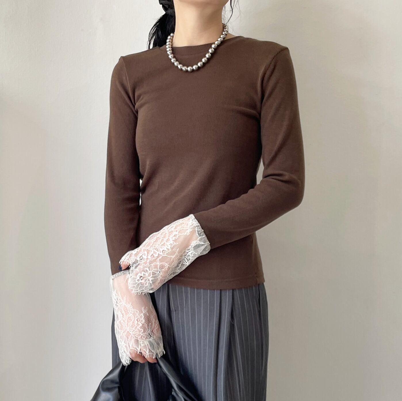 ナンバーミーTOKYO" LACE DOCKING L/S PULLOVER"BROWN
