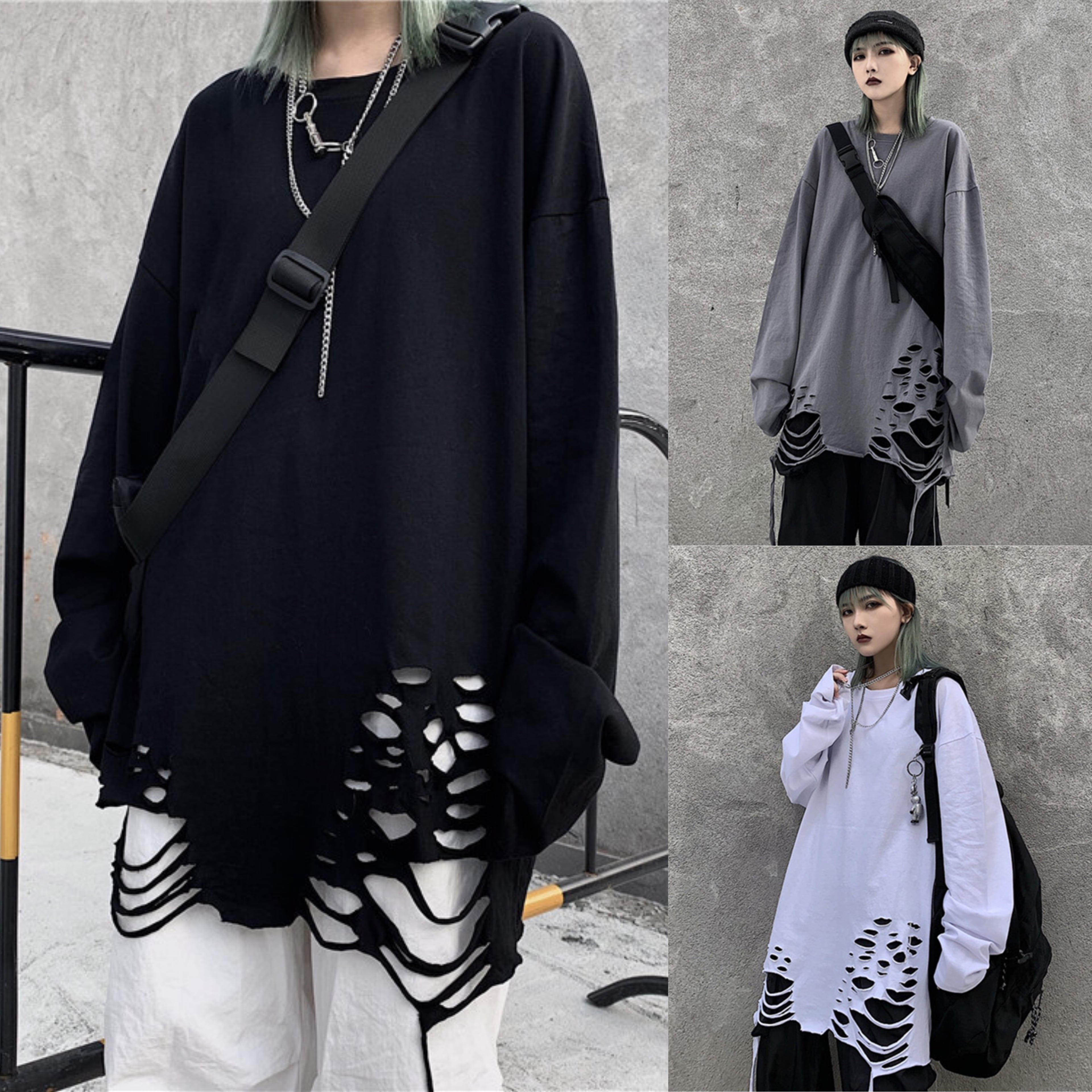 ユニセックス Tシャツ 長袖 メンズ レディース ダメージ加工 無地 ロンt オーバーサイズ 大きいサイズ ストリート Tbn Mamos マモス ストリートファッションならお任せ 韓国ファッションがお好きな方も要チェックです