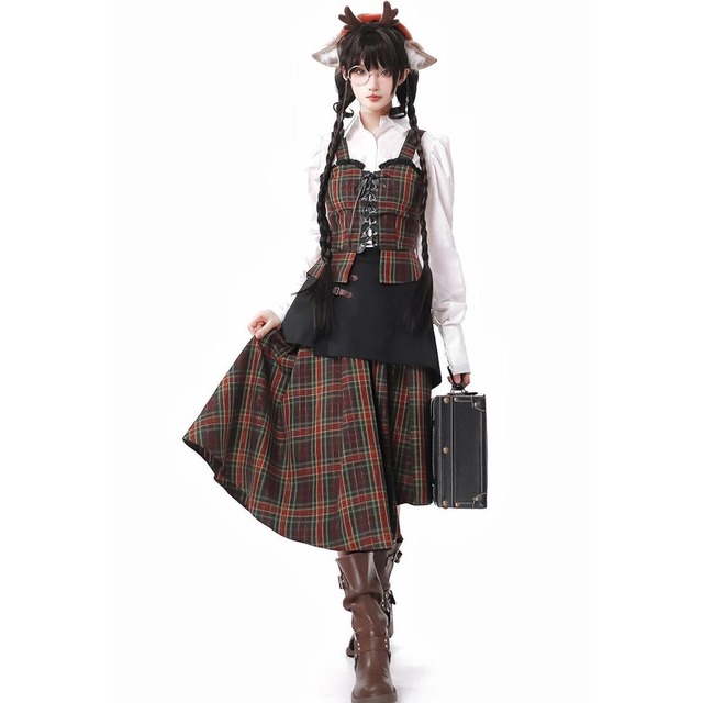 タータンチェックコルセットワンピースセット：ブラックオーバースカート