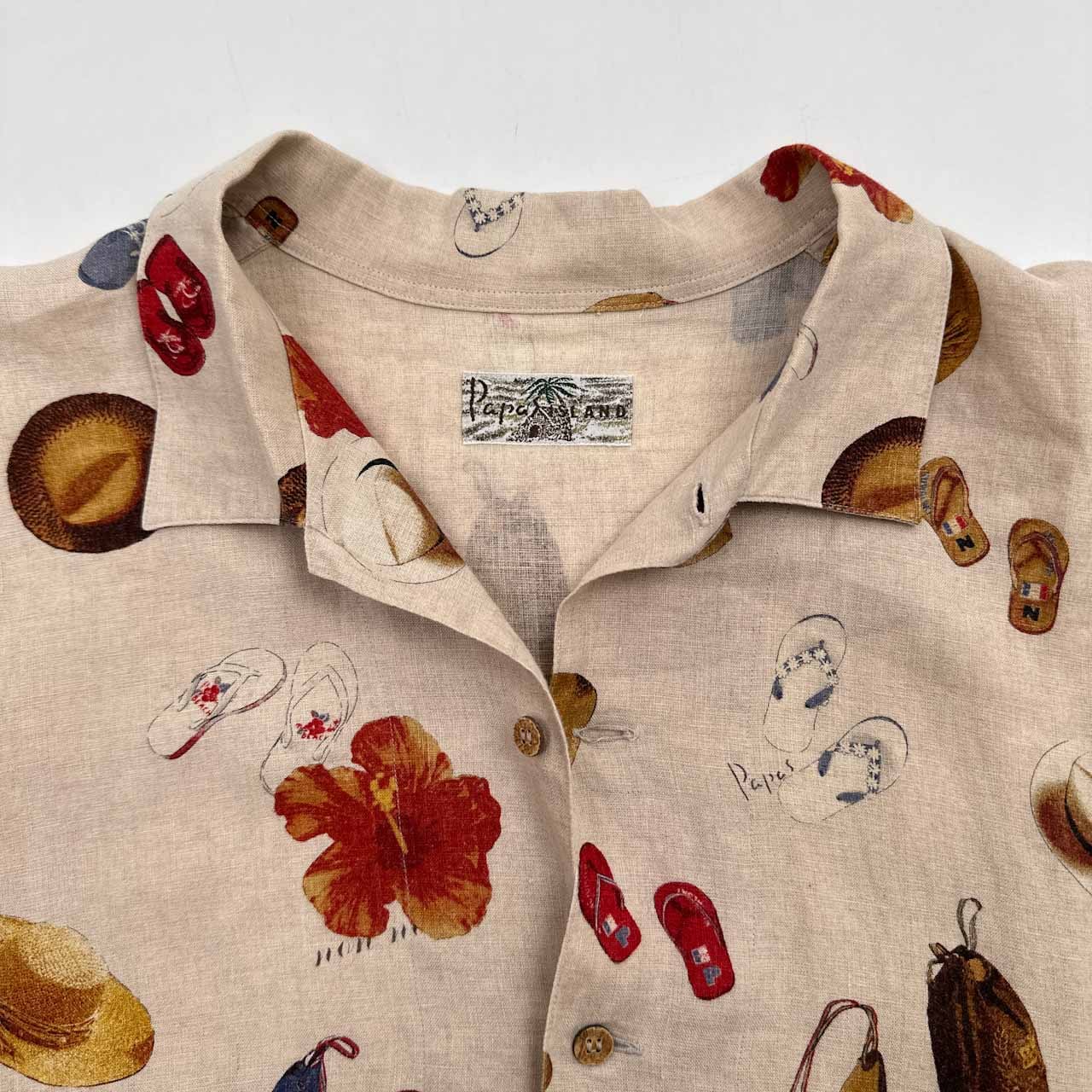 パパス半袖ボタンアロハシャツリネン麻100%総柄サイズL 美品