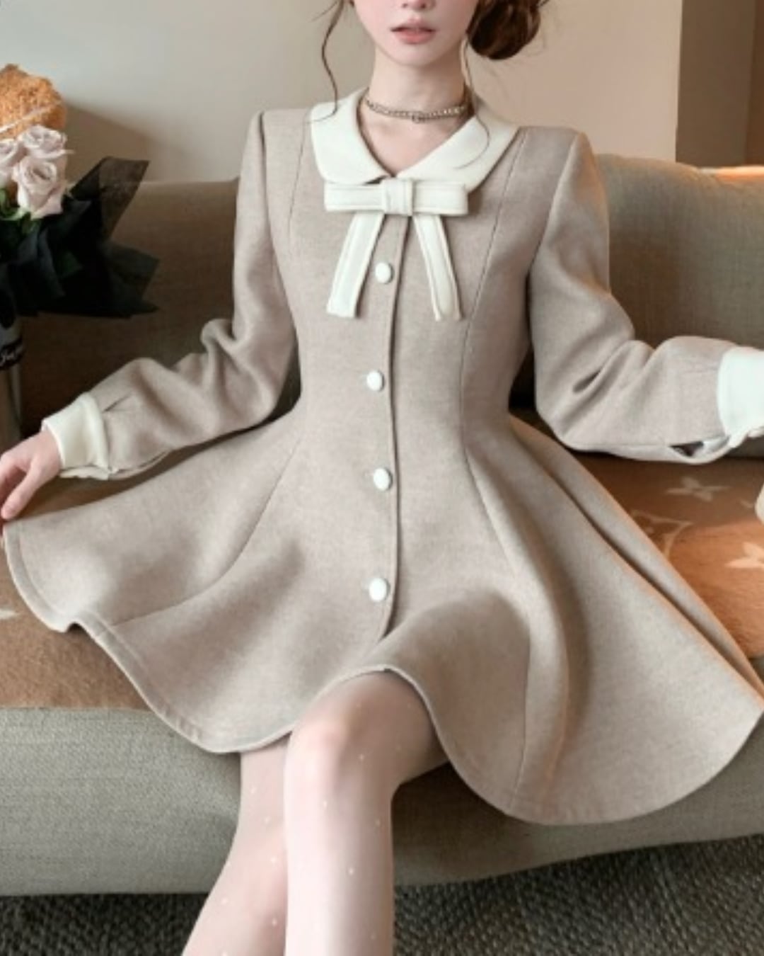 ピンクベージュAラインフレアコート 25W08209