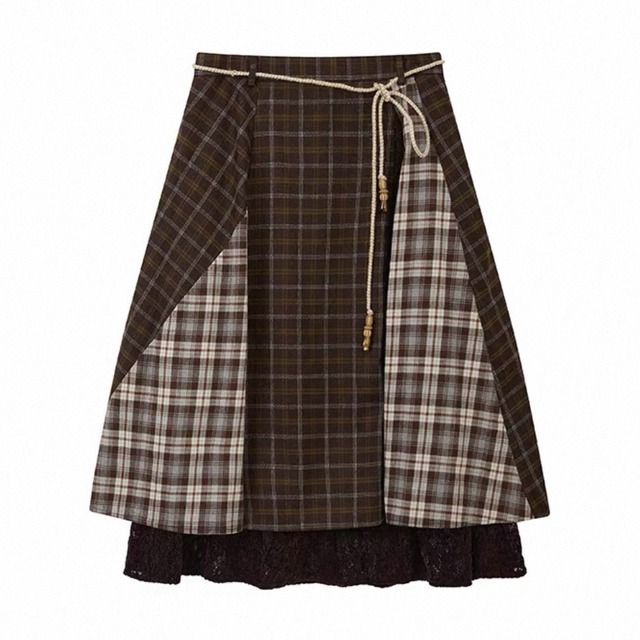[PHYS] vintage plaid lace layered half skirt