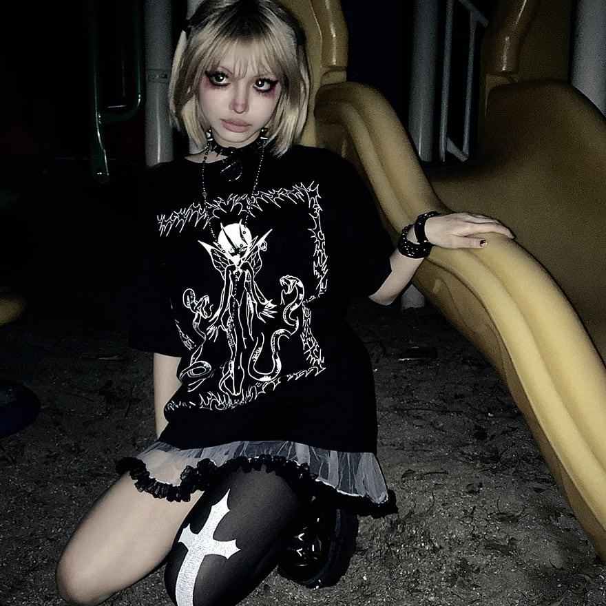地雷系 イラストプリントTシャツ ダークファッション向け｜WithU