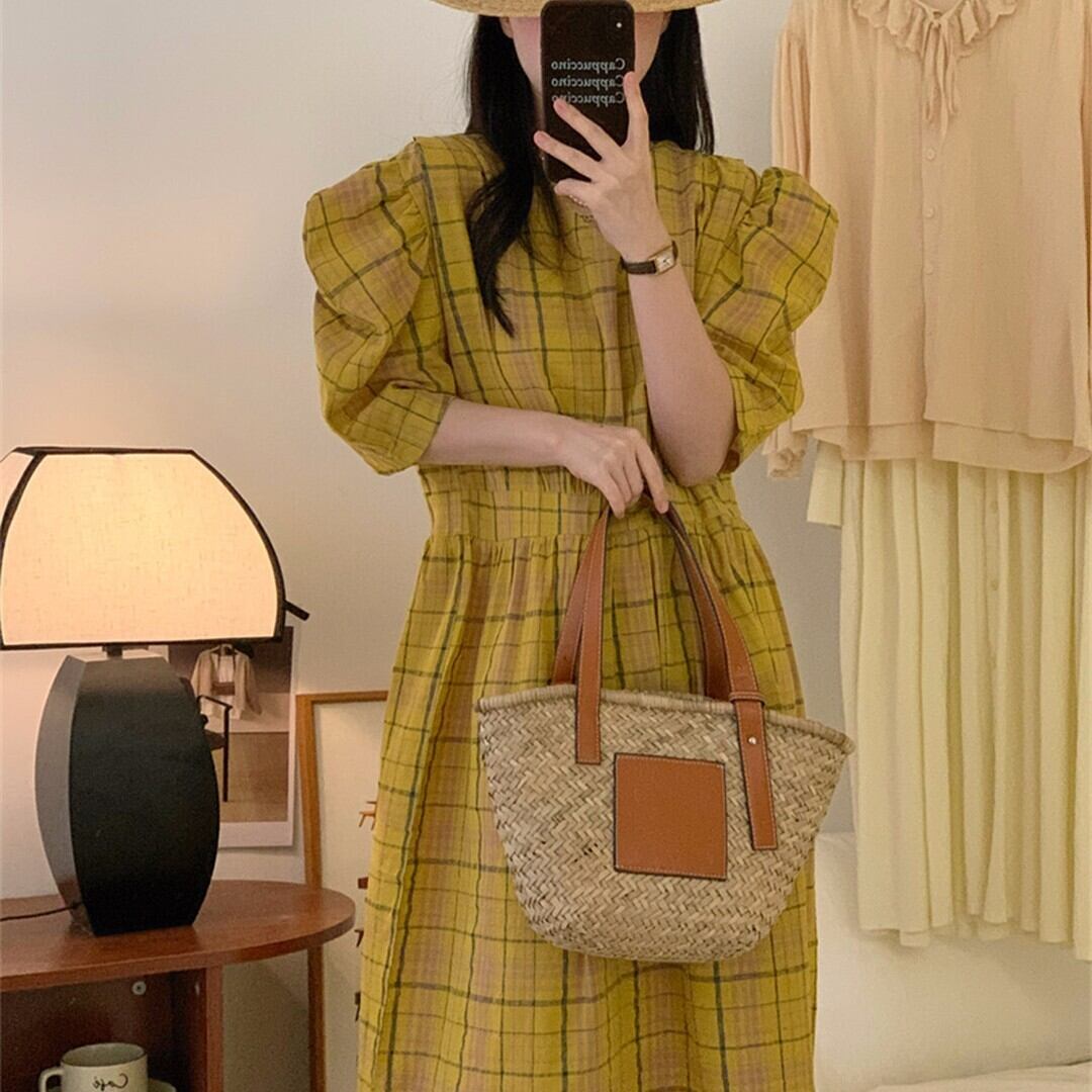 チェック柄 パフスリーブ ロングワンピース 膝下丈 レディース 韓国ファッション 大人可愛い