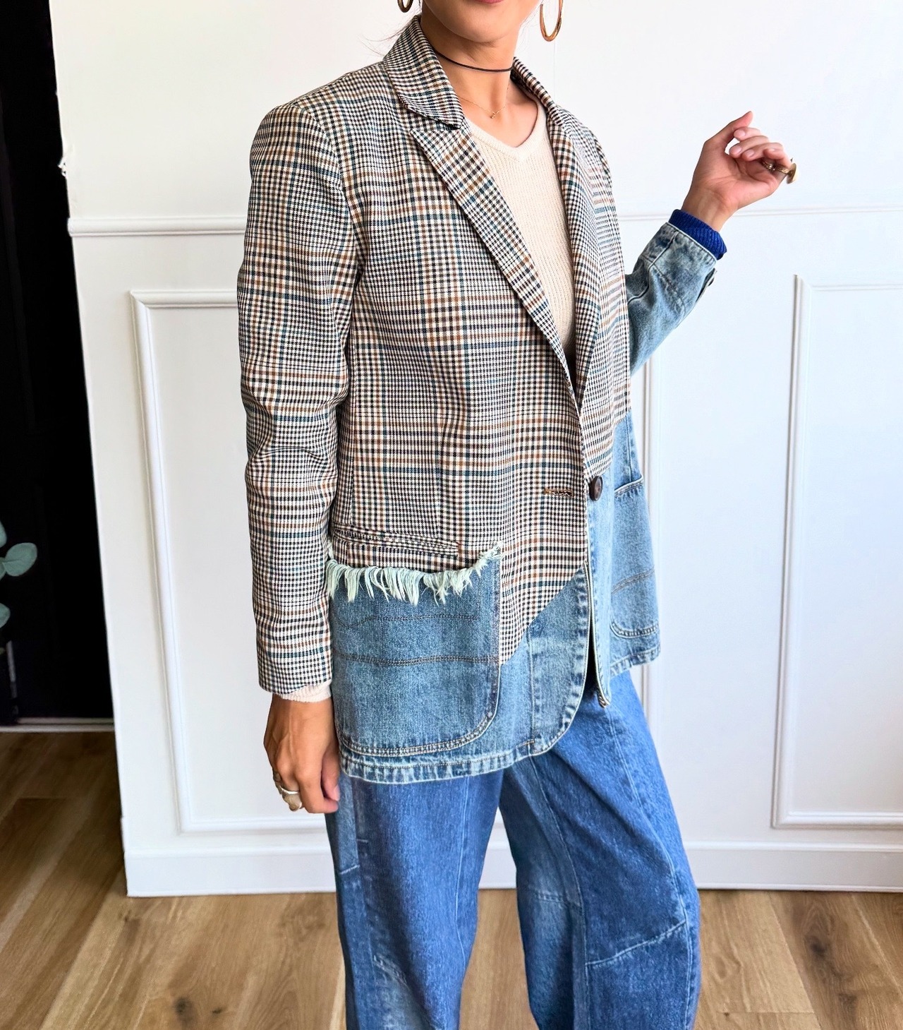 ミカーレミカーレ MICALLEMICALLE　micallemicalle デニム切り替えチェック柄ジャケット