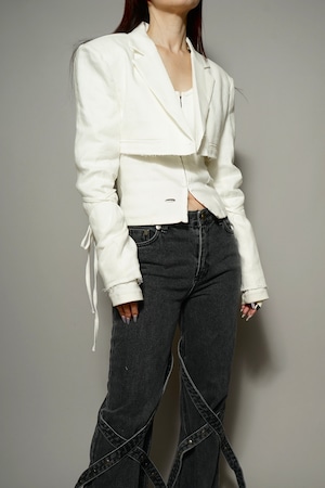TIE SLEEVE LINEN CROPPED JACKET   (WHITE) 2404-47-916