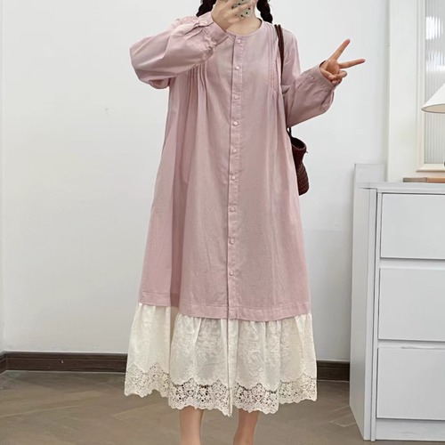 2色／裾レースシャツワンピース ・8946