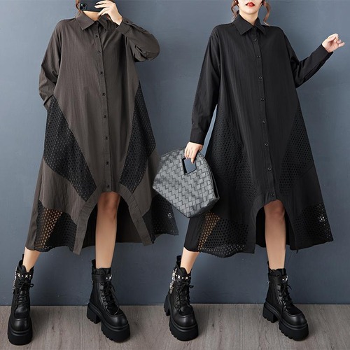 新品 大きいサイズワンピース秋冬ロングシャツワンピース長袖 メッシュ 黒