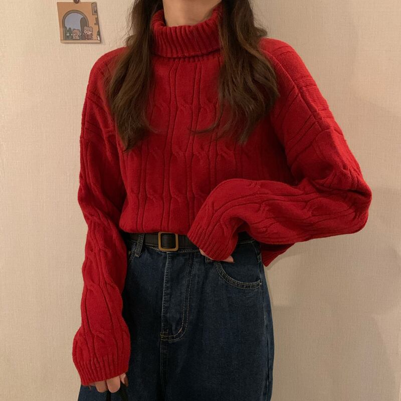 スプリングオータムレッドセーター レディーススタイルルーズプルオーバー ニットトップス 春物 秋物 スーパーモール54468895261