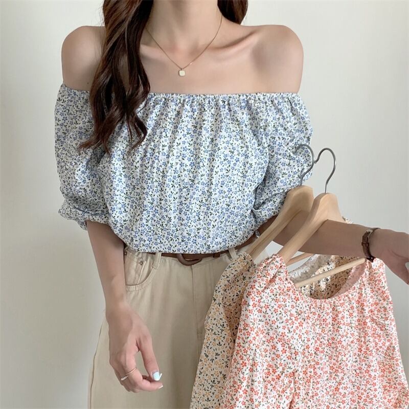 カラーシャツ オータムスタイルスリーブフローラルクロップドトップス レディース 秋物 花柄 ハンチェンe64831025596