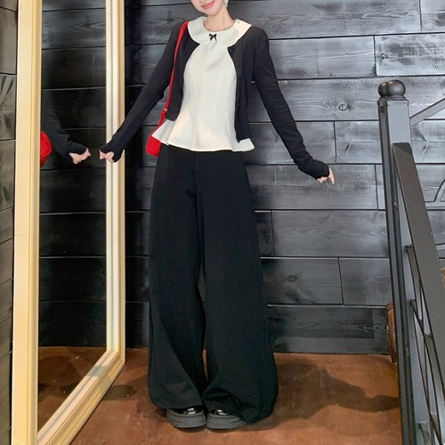 【3点セット】ラウンドカラーノースリブラウス＋カーディガン＋ワイドパンツ ・71984