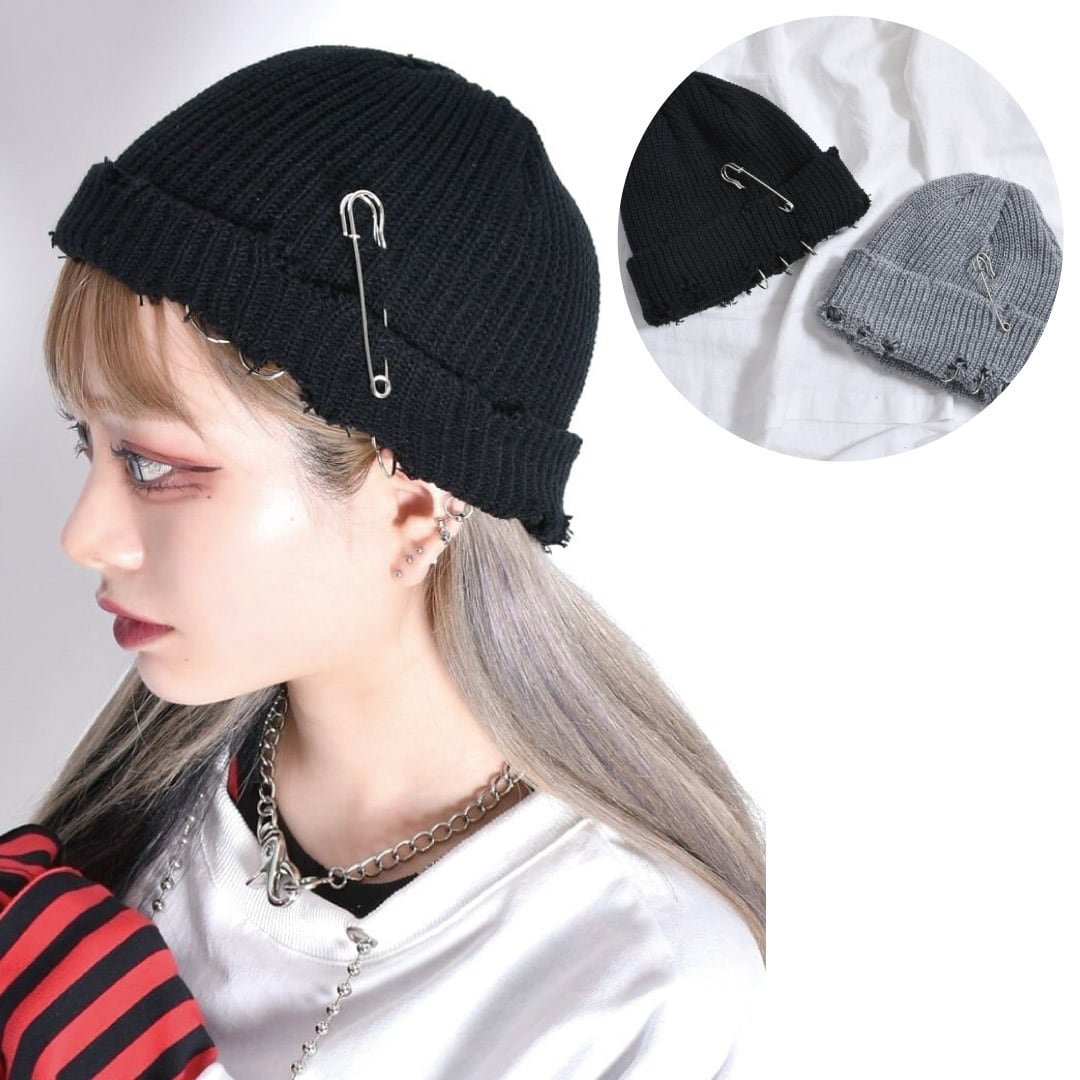 火曜17時まで▷1,639円OFF！】PIN×ピアス付 ダメージニット帽