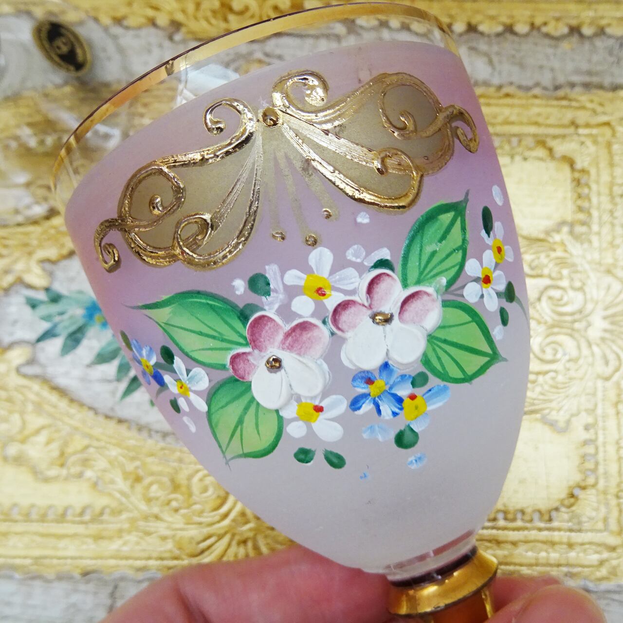 チェコスロバキア すみれモチーフ ピンクのグラス 2客セット