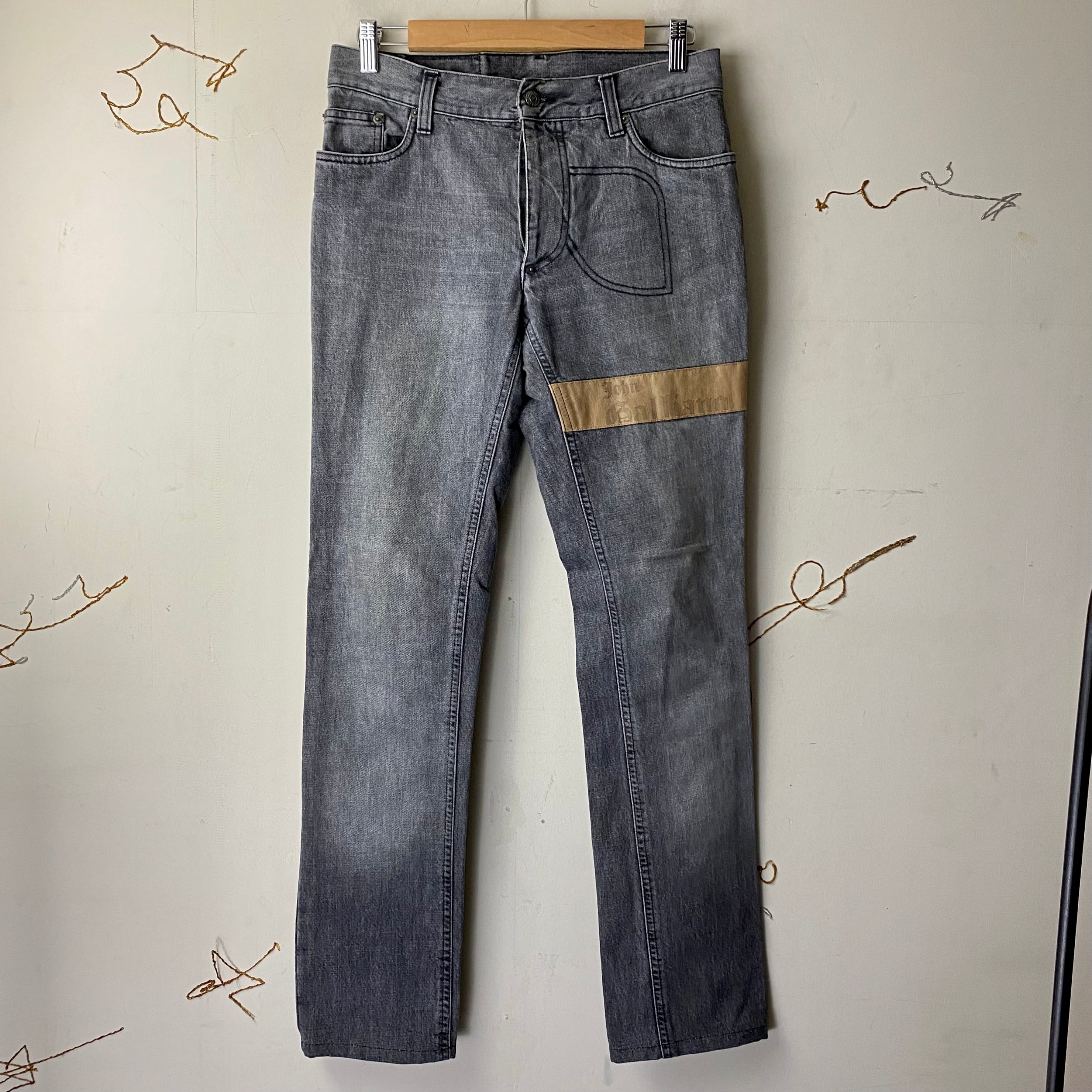 JOHN GALLIANO logo print leather switching faded black denim pants 