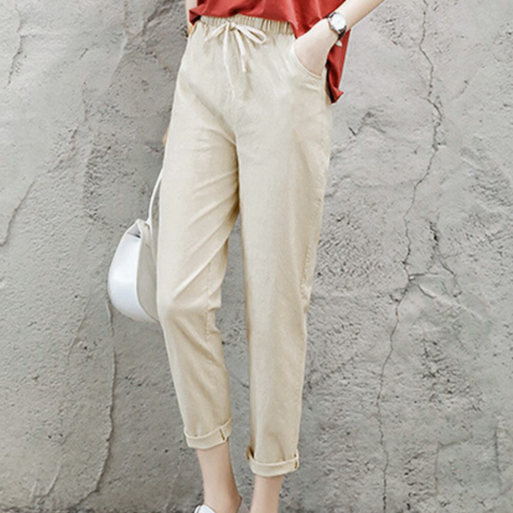 綿麻 アンクル パンツ レディース ストレート 春夏秋 韓国 きれいめ 大人 カジュアル おしゃれ シンプル 9分丈 薄手 カラーパンツ ウエストゴム 大人可愛い 大人女子