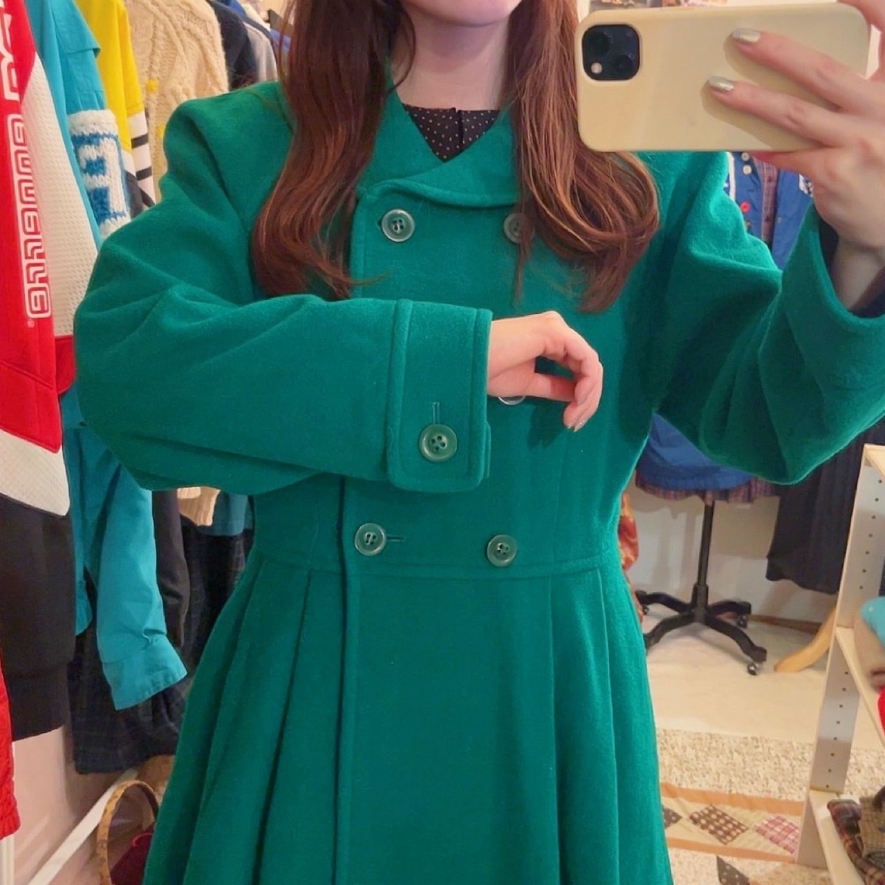 green double button flare coat