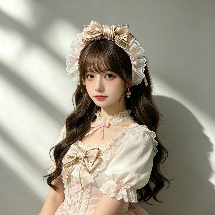 ロリータファッション 甘ロリリボンヘッドドレス ゴールド装飾