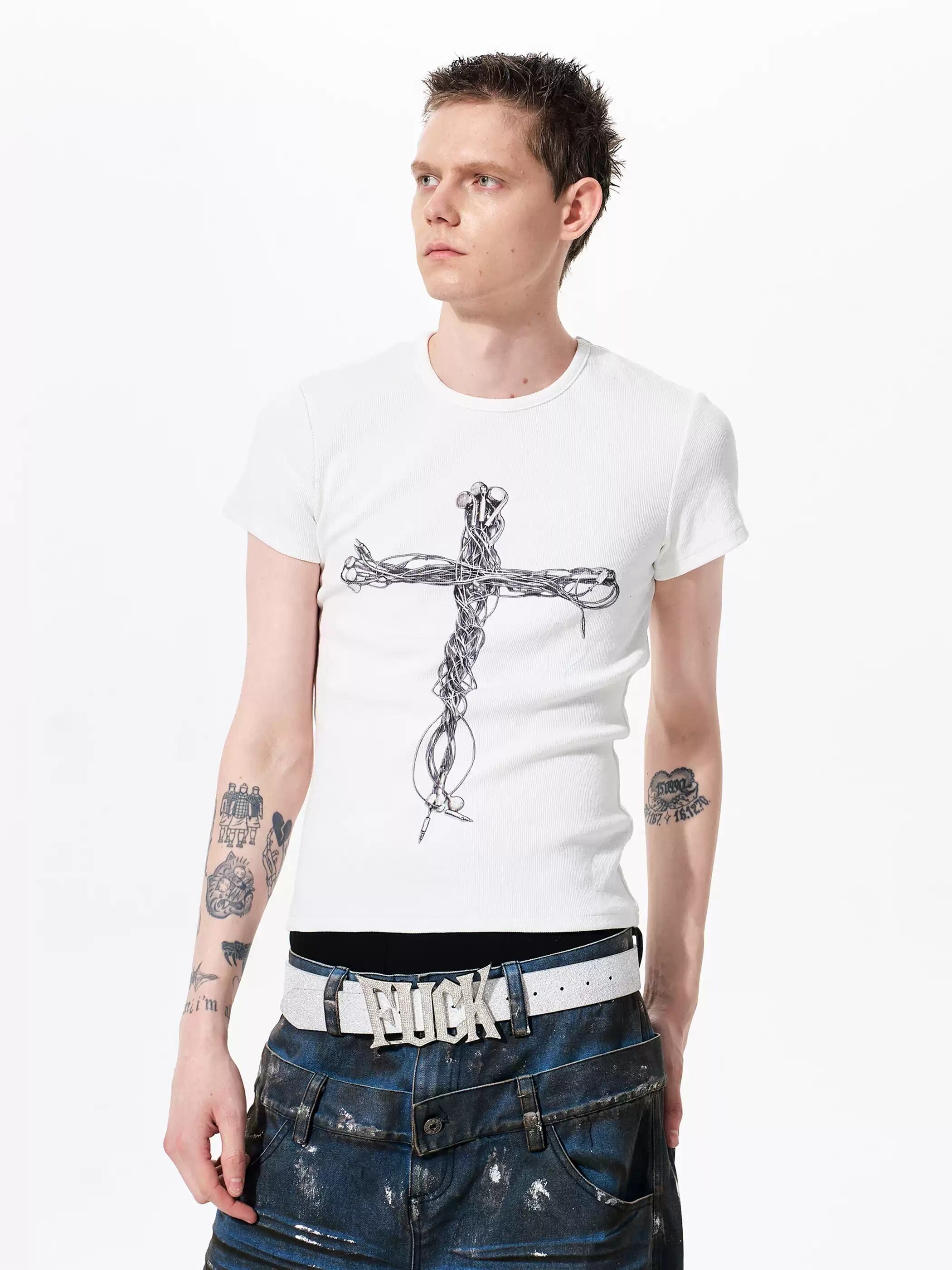 Fouth3ex Opium Tight Metal Cross T Shirt White | INVADER