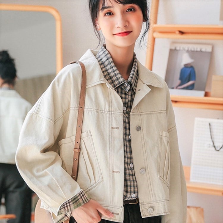 袖折り返し チェック がcute デニム ジャケット バイカラー 着回し力抜群 カジュアル ナチュラル フェミカジ 大人可愛い Lamitte Deco トレンド 韓国ファッション ショップ Base店