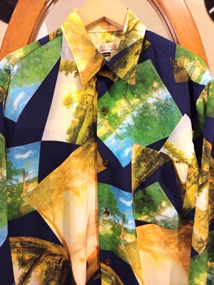アンティーク風景画長袖シャツ/メンズ柄シャツビンテージ古着服芸術