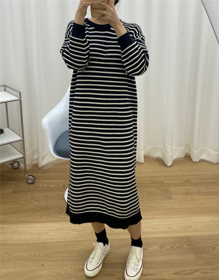 カジュアル好きならコレ ニット ワンピース 女性 秋 冬 ボーダー ゆったりする ロングセクション