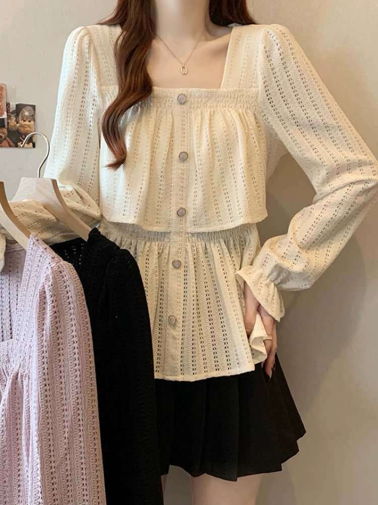 大人の愛らしさ引き立てる♡ 透かし編みペプラムニットブラウス 大人の愛らしさ引き立てる♡ 透かし編みペプラムニットブラウス