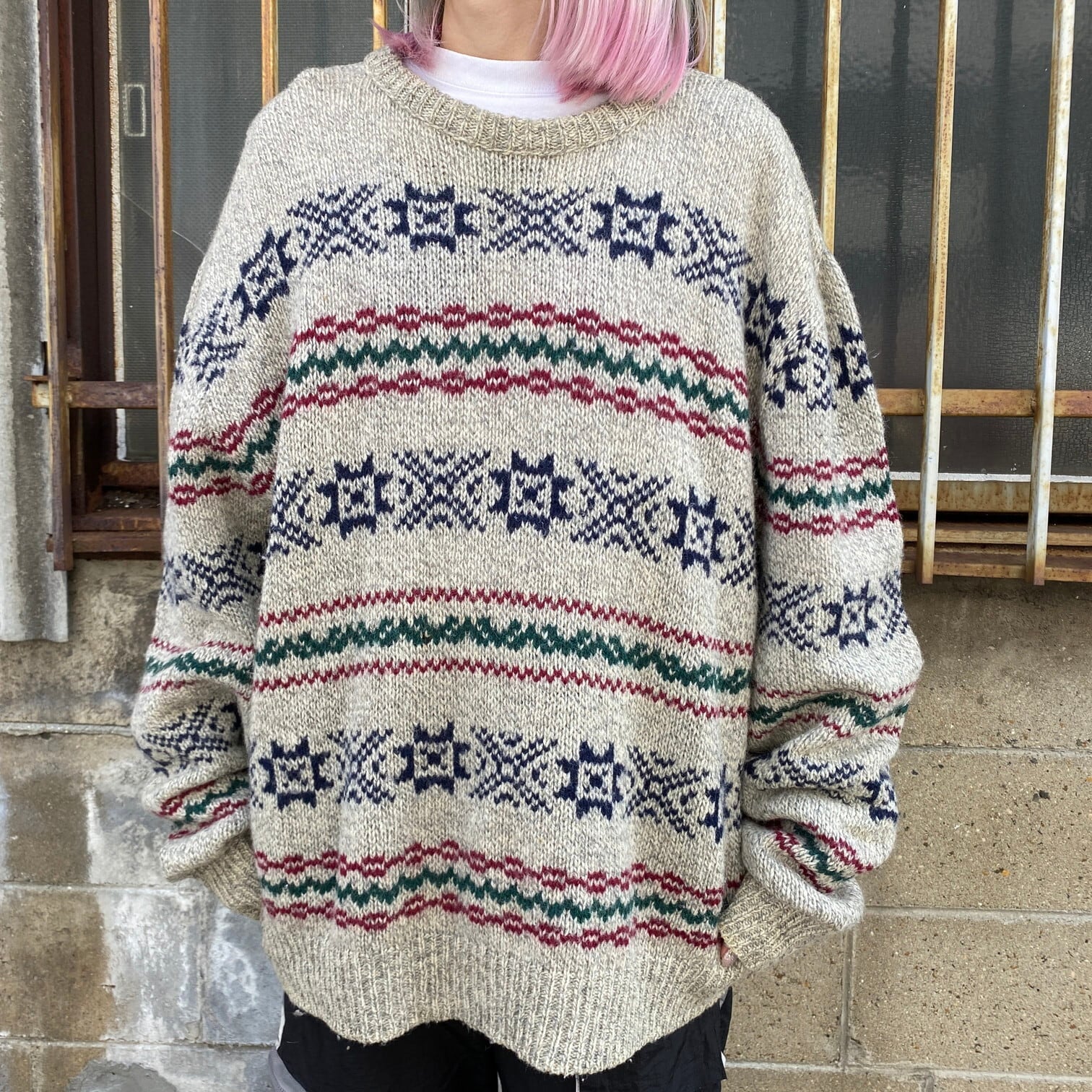 90s USA製 Dany ACRYILC KNIT セーター 総柄 黒 白