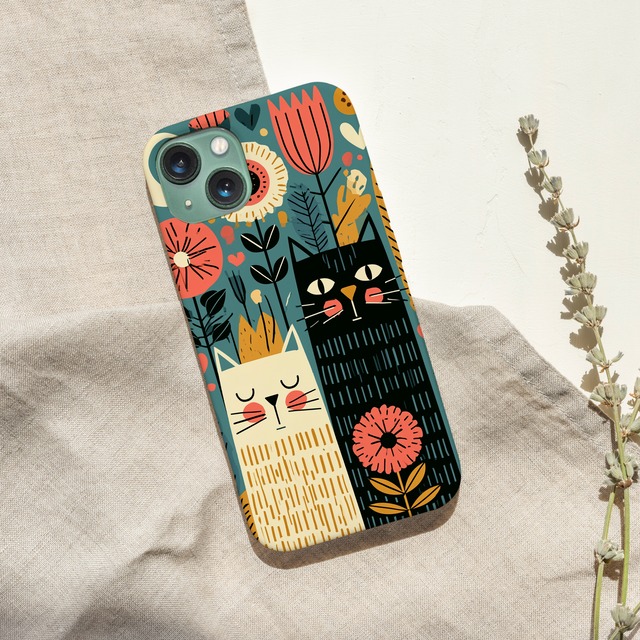 受注生産 iPhoneケース 黒猫と花の民芸アート柄｜猫モチーフ FMSY116C