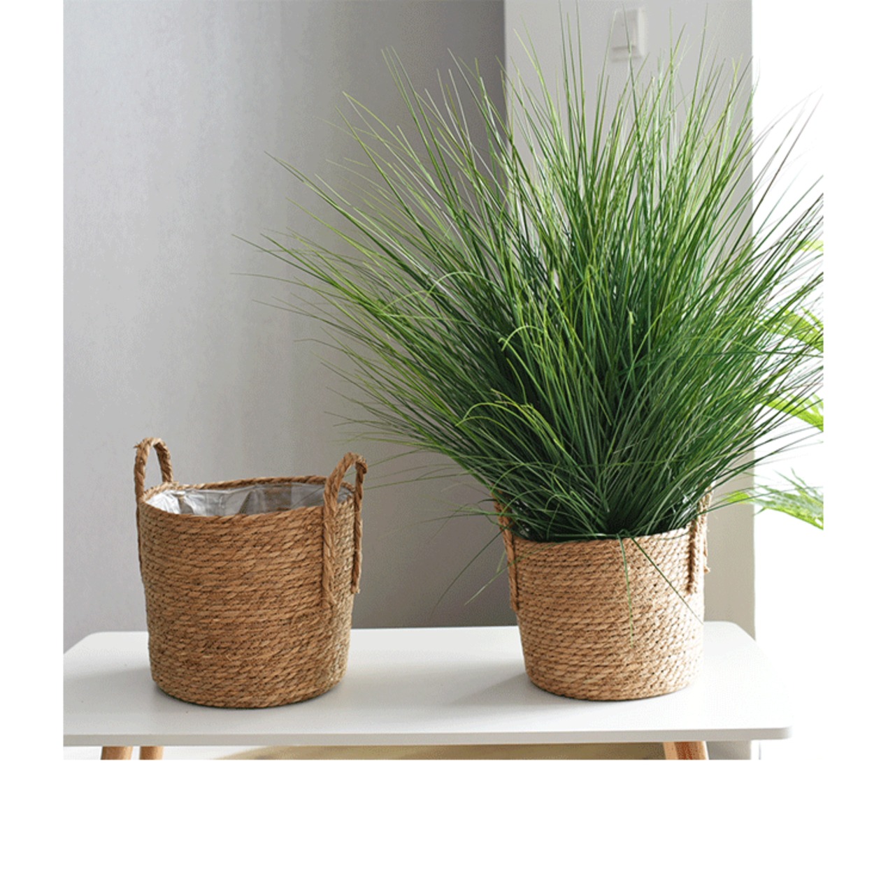 木製風 ラタン編み込みバスケット ︱ かご 鉢カバー 持ち手付き 防水ライナー 観葉植物 収納 多用途 インテリア 木製雑貨