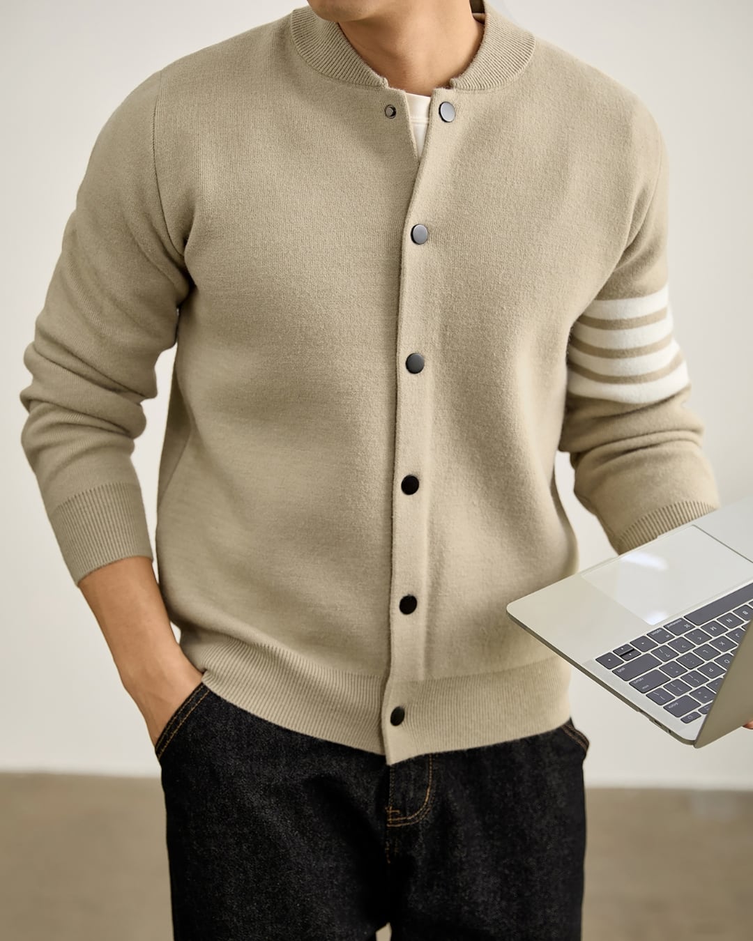 ボタンフロント ライン入りカーディガン 4色 A0083