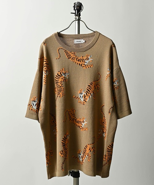 ATELANE Tiger pattern short sleeve crew neck knit (BEG) 24A-11021