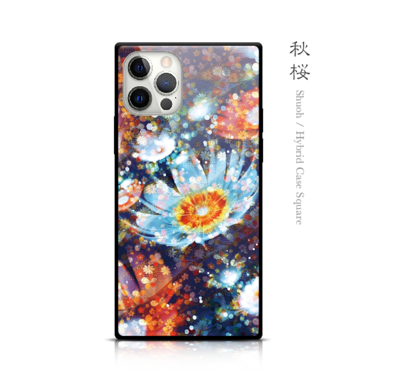 秋桜 - 和風 四角型 強化ガラスiPhoneケース