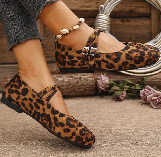 シューズ フラットシューズ パンプス ストラップ レオパード レトロ