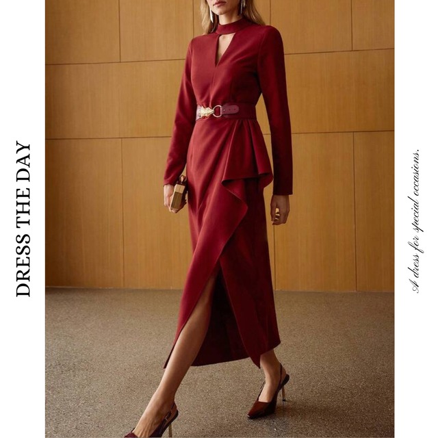 アシンメトリーフリルラップロングドレス W0119