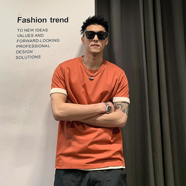 サマーソリッド カラーTシャツ シャツ ラウンドネックベーシックスタイル 夏物 Oネック ソリッドカラー Xu_Tailang93321350411