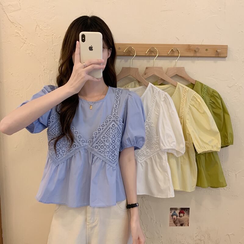 ブルースリーブシャツ サマーショートトップス 大人ガーリー スウィート キュート カジュアル 夏物 試着室22285846738