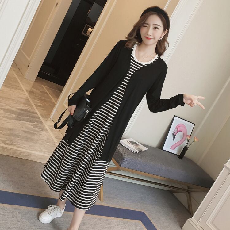 【新作】【送料無料】 マタニティドレス2019春の新しいマタニティドレスファッションストライプベストドレス+長袖ショールツーピースセット-アリババ ロング スプリング 春物 expec233020486510
