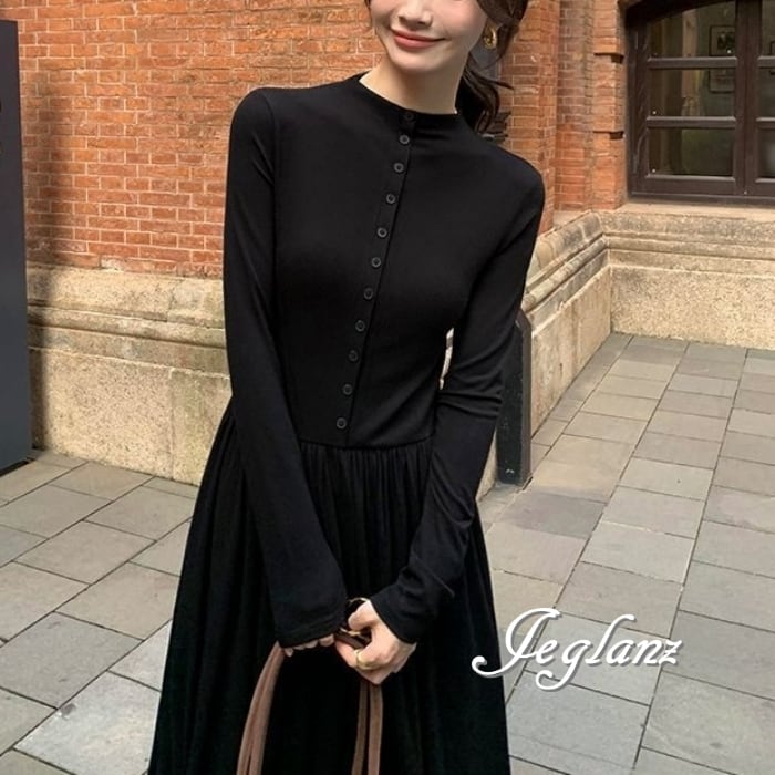 2色 ニット マキシ ワンピ 長袖 ドレス ハイネック Aライン 韓国 (MB843)γ