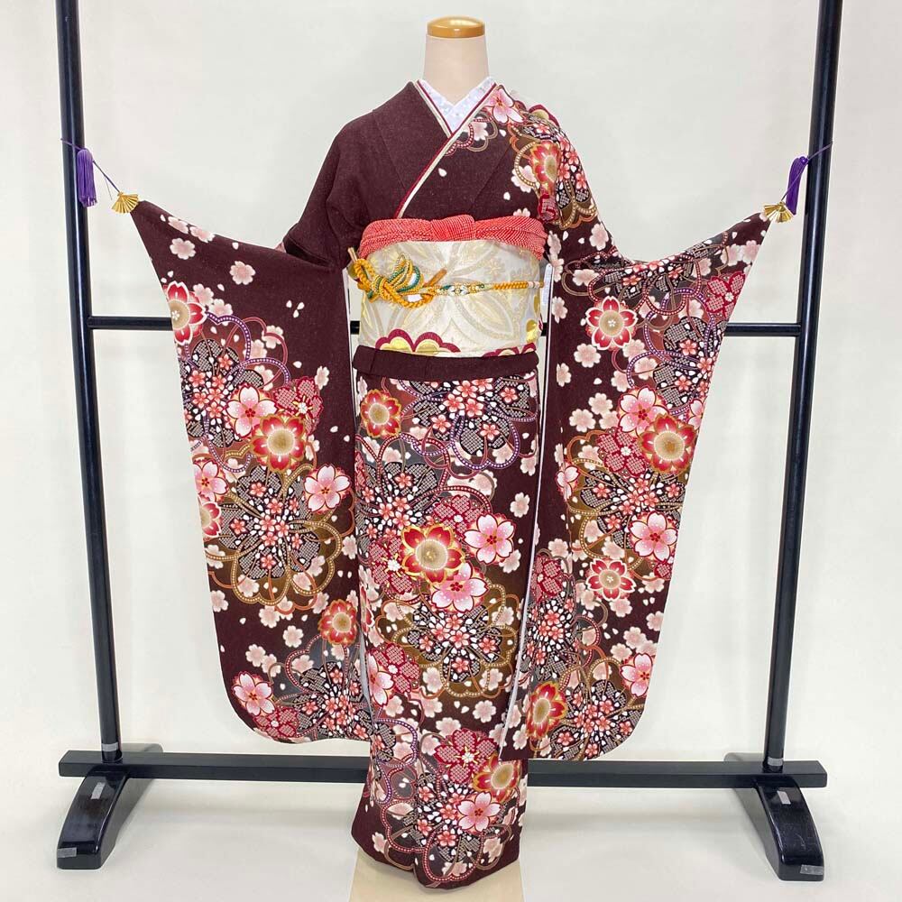 振袖フルセット 裄68.5cm 身丈167.5cm 振袖 帯 帯揚げ 帯締め ブラウン