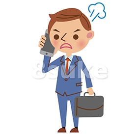 イラスト素材:スマートフォンで通話する若いビジネスマン/怒った表情(ベクター・JPG)