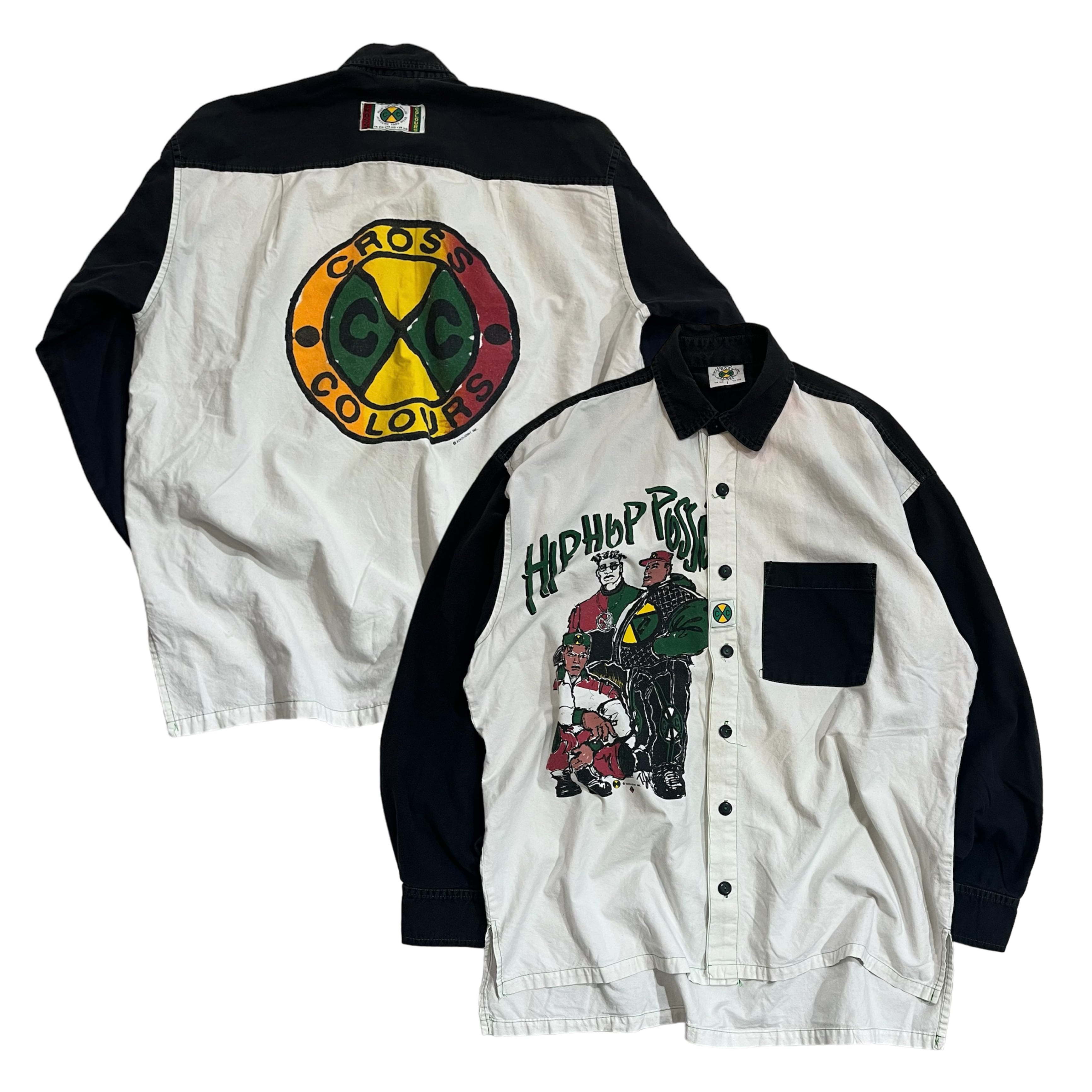 size : L【 CROSS COLOURS 】クロスカラーズ 長袖シャツ デザインシャツ 黒 白 古着 古着屋 高円寺 ビンテージ